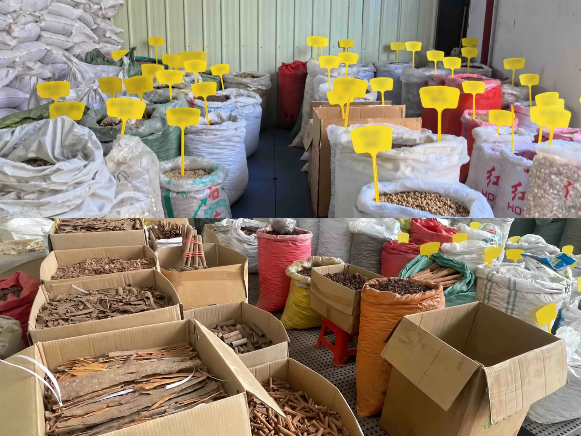 Open cardboard boxes of cassia bark pieces, cut sticks and rolls, sorted by form