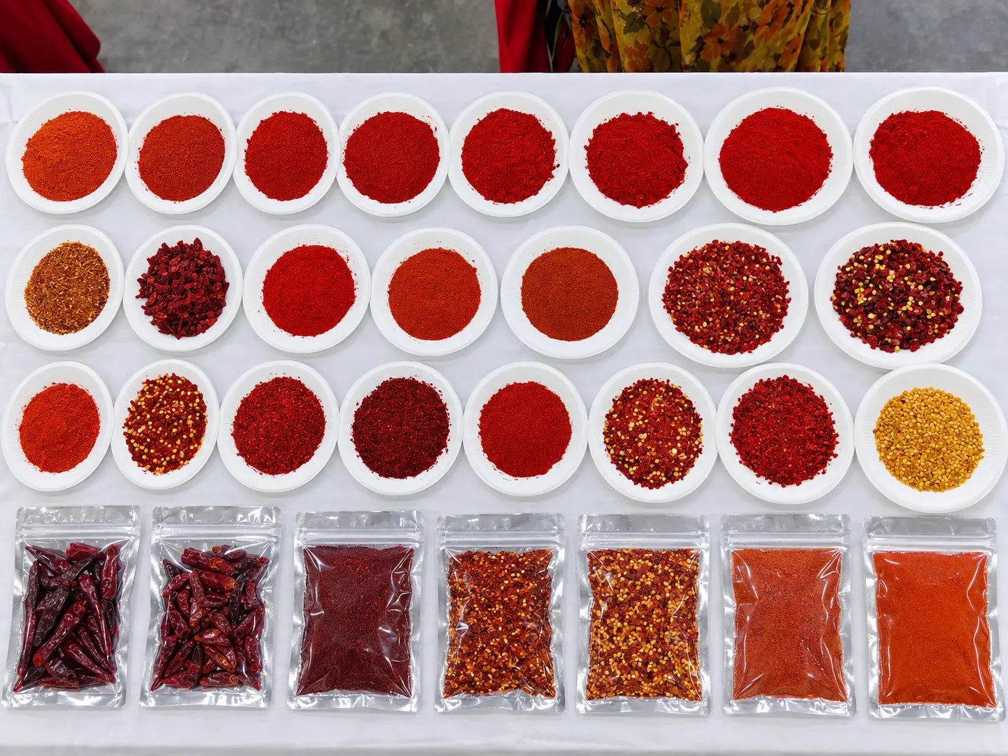 Paprika powder colour reference samples and small packed bags